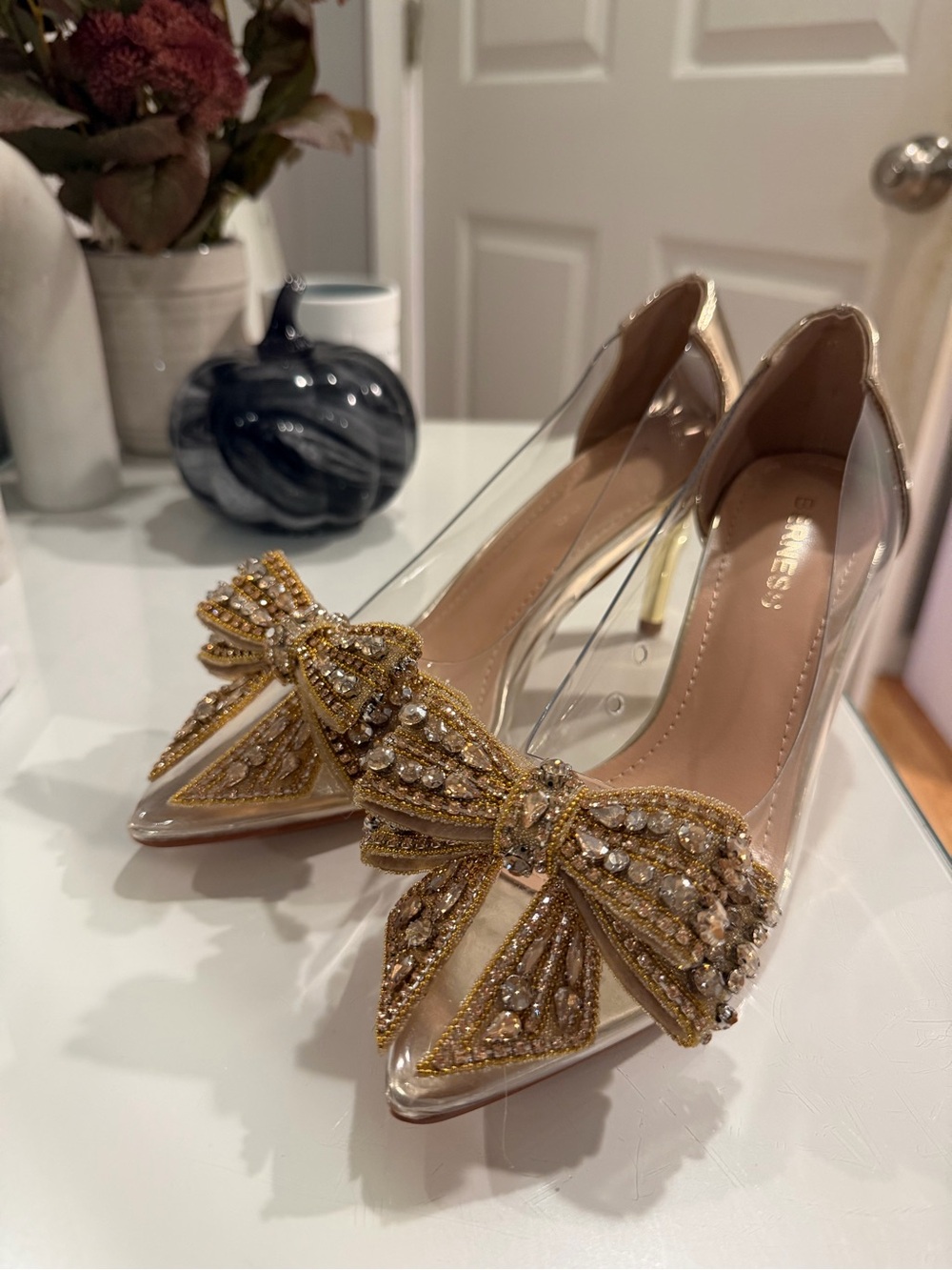 Gold Embellished Pointed-Toe Pumps - Gold